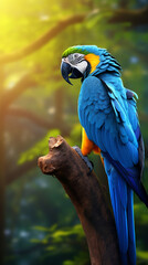 Obraz premium a blue macaw bird on a tree branch, in the background of the Amazon jungle сreated with Generative Ai