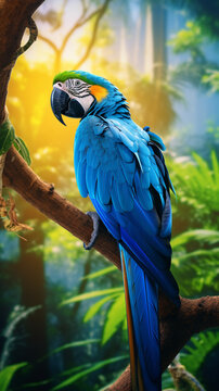 a blue macaw bird on a tree branch, in the background of the Amazon jungle сreated with Generative Ai
