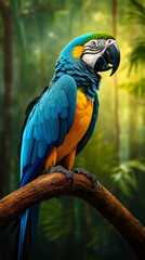 Obraz premium a blue macaw bird on a tree branch, in the background of the Amazon jungle сreated with Generative Ai