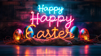 Colorful Happy Easter. Neon modern stylish text. Small easter eggs. Vibrant tones. Spring design element. 