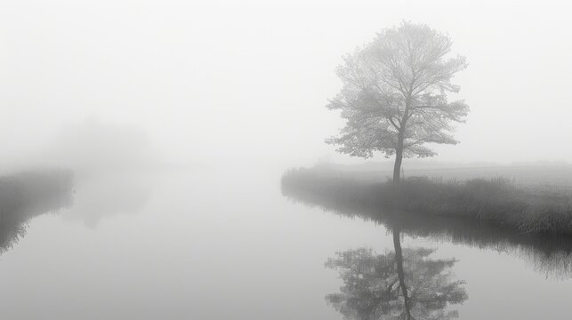 a black and white photo of a foggy river with a lone tree in the foreground and a field in the background.