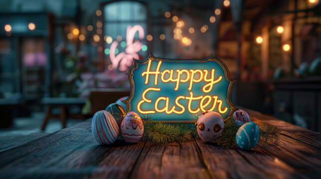 Colorful Happy Easter. Neon modern stylish text. Small easter eggs. Vibrant tones. Spring design element. 