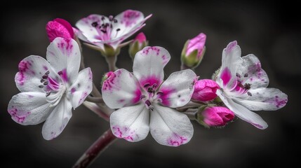 a group of pink and white flowers sitting on top of a green leafy plant in front of a black background.