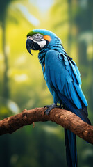 Fototapeta premium a blue macaw bird on a tree branch, in the background of the Amazon jungle сreated with Generative Ai