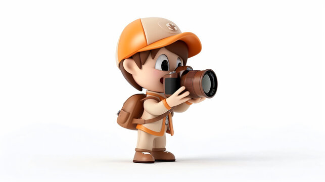 Little boy photographer taking pictures with his camera. Isolated on white background. 3D rendering.
