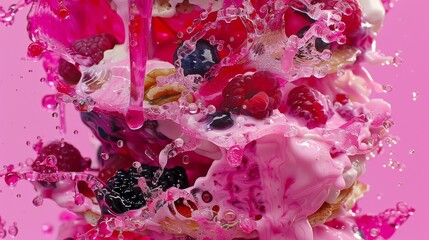 a close up of a mixture of fruit and water on a pink background with drops of water on the bottom of the image.