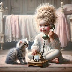 A young girl with a playful expression is holding a receiver to her ear, interacting with an antique rotary dial phone