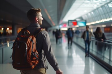 Fototapeta premium A man with a backpack walking down a hallway