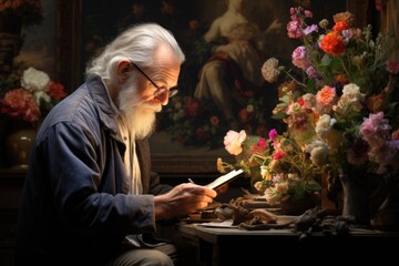 Obraz na płótnie Canvas A man sitting at a table reading a book