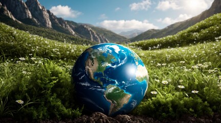 Obraz na płótnie Canvas earth day concept, save the world, globe on moss, globe and forest, eco-friendly, planet earth, nature background, 8k