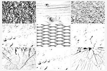 Set of various grunge black white textures vector backgrounds. Abstract overlay distress grainy surfaces. Tree rings, saw cut, messy dust,  dirty scratched, Rhombus fence, Rabitz, metal steel grid.