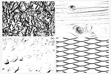 Set of various grunge black white textures vector backgrounds. Abstract overlay distress grainy surfaces. Tree wood, timber tree, Rhombus fence, Shredded gifting paper, stuffing box filler packaging.