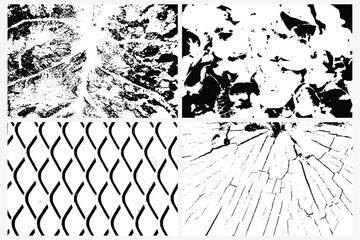 Set of various grunge black white textures vector backgrounds. Tree rings, saw cut tree trunk, messy dust,  dirty scratched, Metal floor, dirty diamond shapes, Rhombus fence, Rabitz, metal steel grid.