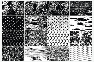 Set of various grunge black white textures vector backgrounds. Abstract overlay distress grainy surfaces. Metal floor rhombus shapes surface, wire diamond fence, Marine waves, Shredded paper, Cow fur.
