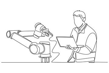 Simple continuous line drawing of An engineer is programming a robotic hand. Modern technology minimalist concept. Icon of technology. Simple line.