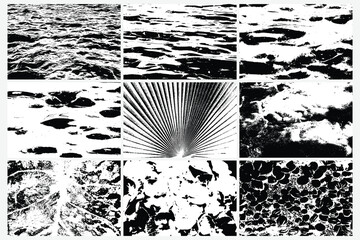 Set of various grunge black white textures vector backgrounds. Abstract overlay distress grainy surfaces. Ink stain, Messy dust, Marine waves, Sea ocean wavy water, Tropical Biophilia, Fan Palm fern.