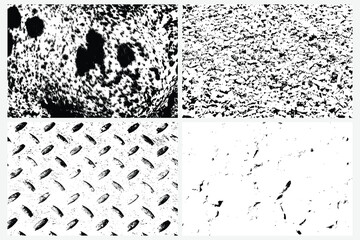 Set of various grunge black white textures vector backgrounds. Abstract overlay. Metal floor rhombus shapes, Aluminum dark metal, dirty diamond shapes, Rhombus, spotted cowhide, Cow fur skin.