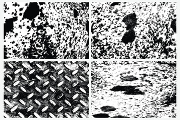 Set of various grunge black white textures vector backgrounds. Abstract overlay. Metal floor rhombus shapes, Aluminum dark metal, dirty diamond shapes, Rhombus, spotted cowhide, Cow fur skin.