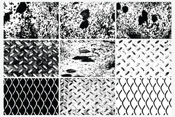 Set of various grunge black white textures vector backgrounds. Abstract overlay. Metal floor rhombus shapes, Aluminum dark metal, dirty diamond shapes, Rhombus fence, spotted cowhide, Cow fur skin.