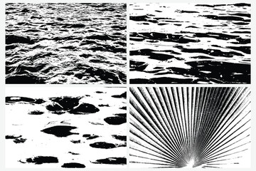 Set of various grunge black white textures vector backgrounds. Abstract overlay distress grainy surfaces. Ink stain, Messy dust, Marine waves, Sea ocean wavy water, Tropical Biophilia, Fan Palm fern.