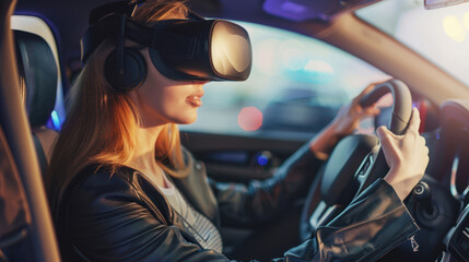 Obraz na płótnie Canvas A woman explores a virtual world using a VR headset in a stationary car, blending technology and automotive themes