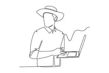 Simple continuous line drawing of male farmer holding laptop to use a fertilization log program. Modern technology minimalist concept. Icon of technology. Simple line.