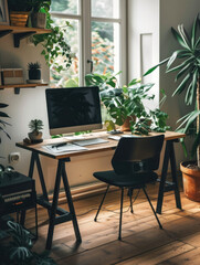 Modern workspace with black chair and laptop - Modern and sleek home office featuring a stylish black chair and a laptop on a clean, wooden desk, set against a backdrop of vibrant houseplants