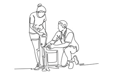 Simple continuous line drawing of male physiotherapist take care woman with prosthetic leg. modern medicine. Modern technology minimalist concept. Icon of technology. Simple line.