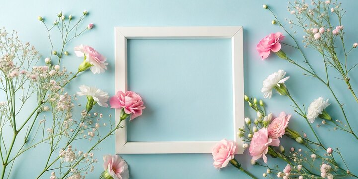 Illustration of beautiful pink and white spring flowers around a white picture frame on a blue background for weddings, birthdays, mothers day, easter, women's day