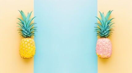 a couple of pineapples sitting next to each other on top of a blue and yellow wall next to each other.