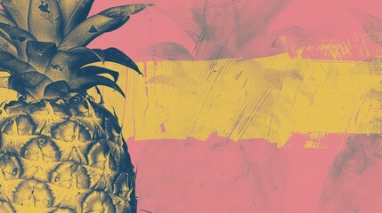 a yellow and pink painting of a pineapple on a pink, yellow, and yellow background with a pink and yellow stripe.