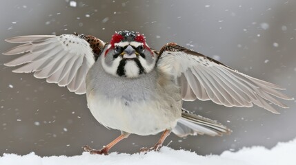 a bird that is standing in the snow with its wings open and it's head turned to the side.