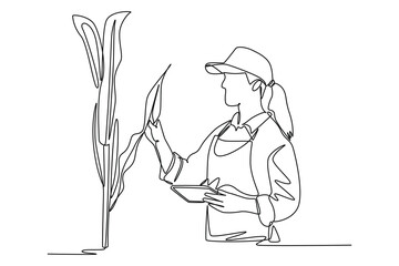 Simple continuous line drawing of Smart woman farmer agronomist using digital tabletg. modern medicine. Modern technology minimalist concept. Icon of technology. Simple line.