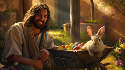 Obraz na płótnie Canvas Jesus with an colorful Easter basket and Easter Bunny. Christian holiday Concept. Movie frame simulation.