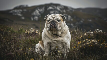 a dog sitting in a field of wildflowers with a mountain in the backgroup of it. - obrazy, fototapety, plakaty