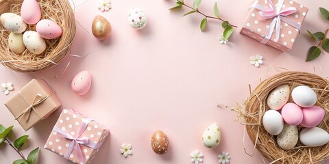 Fototapeta na wymiar Easter background with gifts and easter eggs on pastel pink, greeting card, festive, holiday