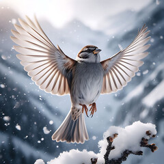 Naklejka premium Flying Tree Sparrow in sky. bird in flight. sparrows flying. House sparrow. Passer domesticus. Old World sparrows. New World sparrow. Passeridae. Passerellidae. Passeriformes. Passer montanus