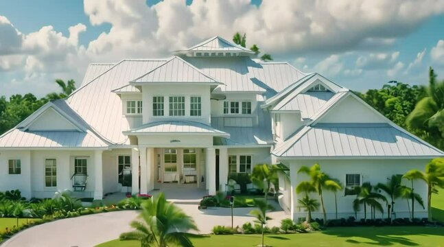 A refreshing tropical house with beautiful white board and batten siding, gray roofs, and polished exteriors despite stormy skies.