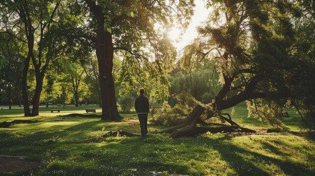 person observing fallen trees in a park generative ai