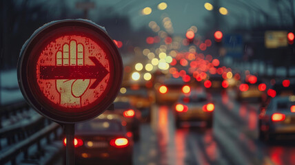 Traffic light with red arrow on busy road