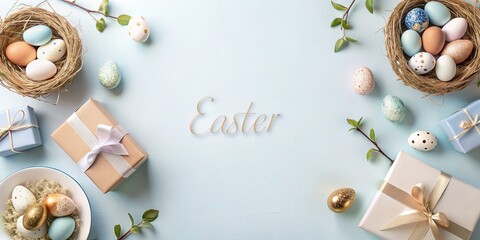 Easter background with gifts and easter eggs on pastel blue, greeting card, festive, holiday - obrazy, fototapety, plakaty
