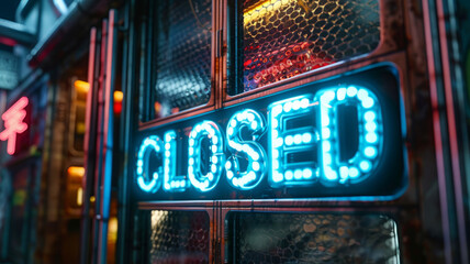 Neon 'CLOSED' sign in a shop window at night.