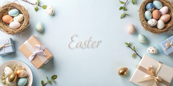 Easter background with gifts and easter eggs on pastel blue, greeting card, festive, holiday