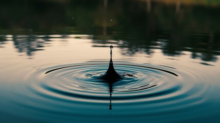 a large body of water with a drop of water coming out of it and a tree line in the background.
