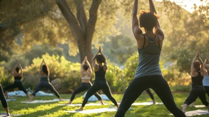 A group of women doing yoga in a park. They are all wearing sportswear and are in different poses. - obrazy, fototapety, plakaty