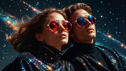 Bunt glitzerndes junges Paar im leuchtenden Weltall mit Sternen und Galaxien spiegelnd in der Sonnenbrille