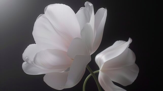 a close up of a white flower on a black background with a bright spot in the middle of the picture.