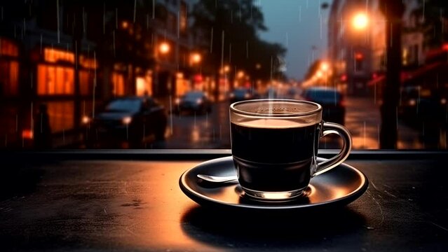 Cup of coffee in the window with view of rain during evening in the city. seamless looping 4k time-lapse video background