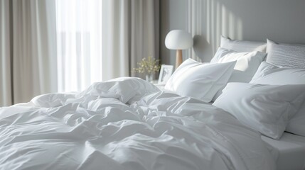 White bedding on a messy bed in a bright bedroom. The bed is unmade, with the sheets and comforter rumpled.