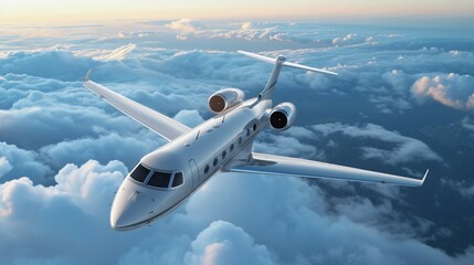 A sleek private jet soars through the clouds, its silver fuselage gleaming in the sunlight. - obrazy, fototapety, plakaty